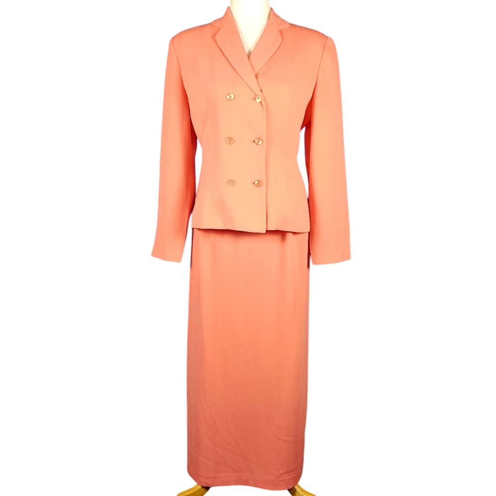Vintage 90s Larry Levine Petite Salmon Tangerine Skirt Suit Set Size 6P